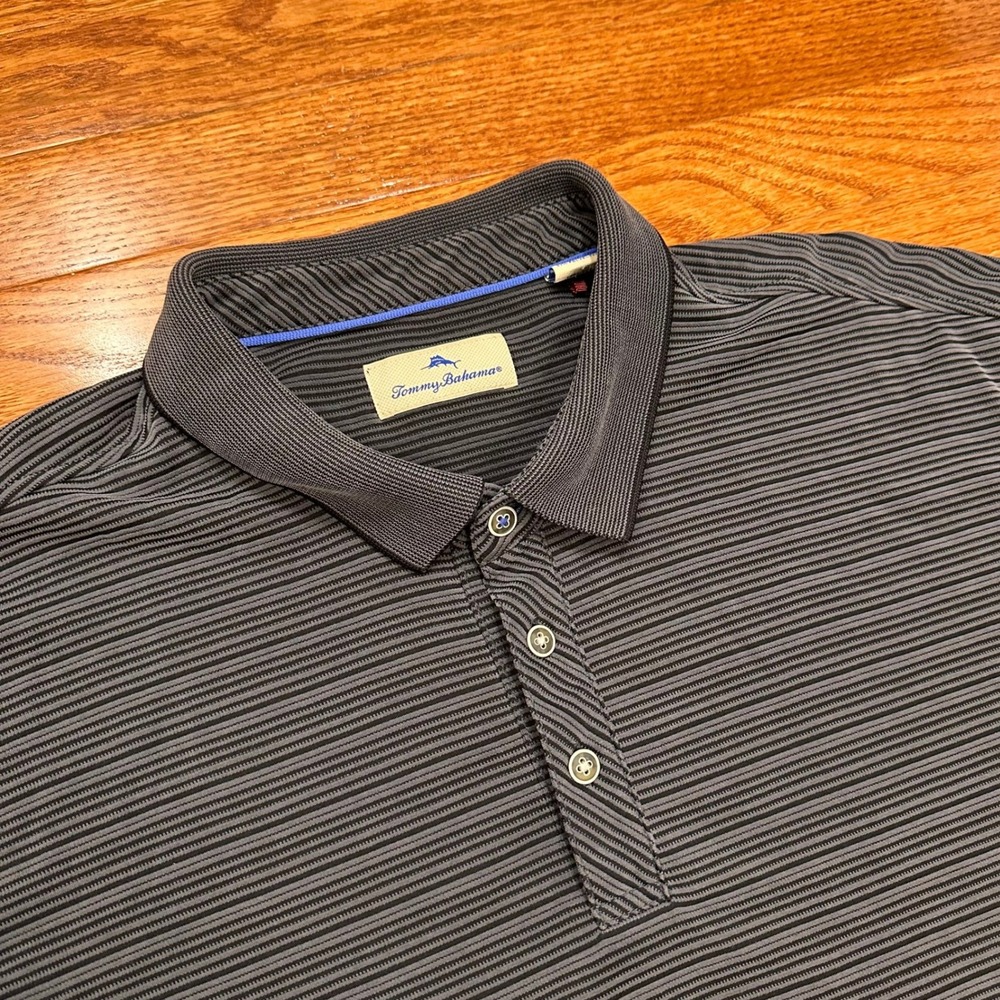 Tommy Bahama Polo Shirt Mens 3XL Gray Black Striped Soft Textured Stretch Resort
